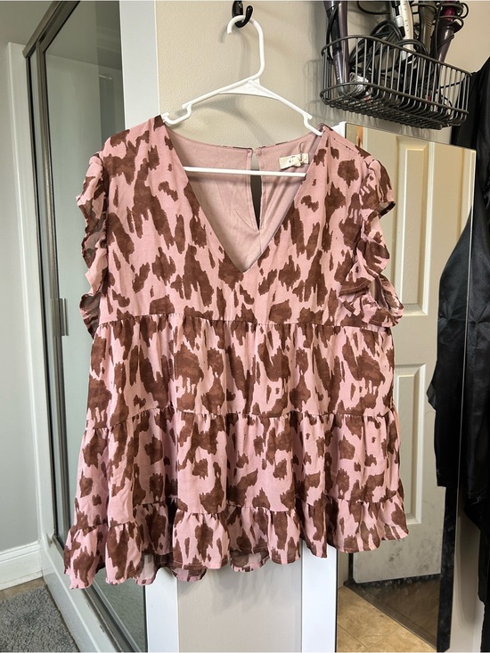 entro Tops - entro Pink and Brown Printed Ruffle-Sleeve V-Neck Blouse
